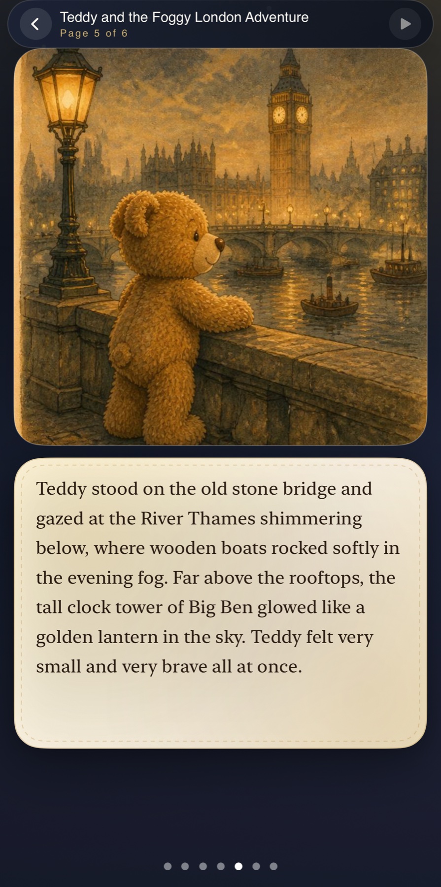 Storybee reader showing a teddy bear in a foggy London bedtime story